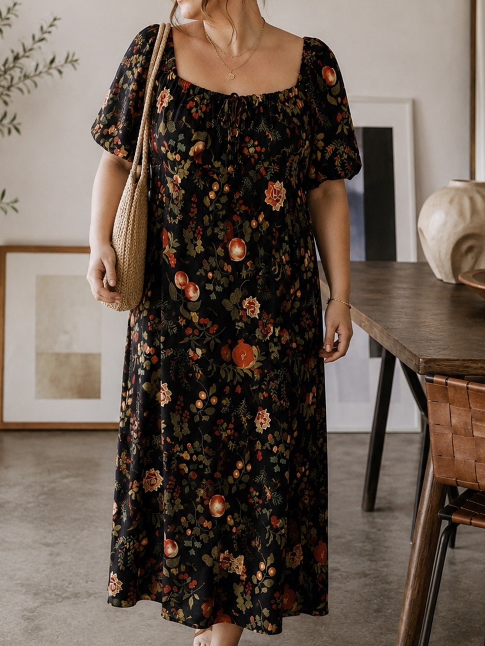 CIDER Black Multi Floral Fruit Square Neck Puff Sleeve Maxi Dress 1XL